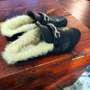 Black faux leather slides